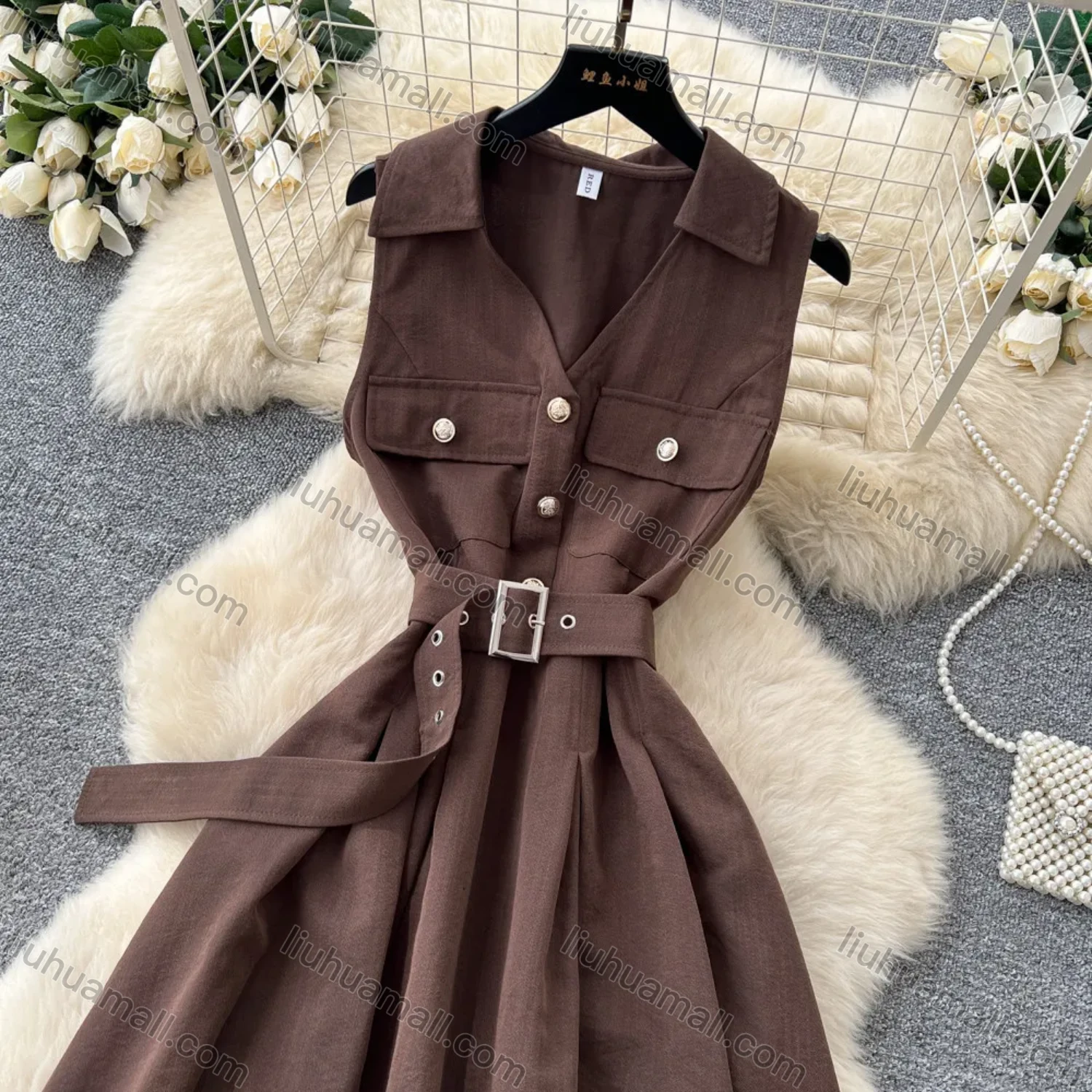 Wholesale Women's Casual Sleeveless Lapel Collar Button Front Belted Pleated A-Line Midi Dress #3256 - Liuhuamall