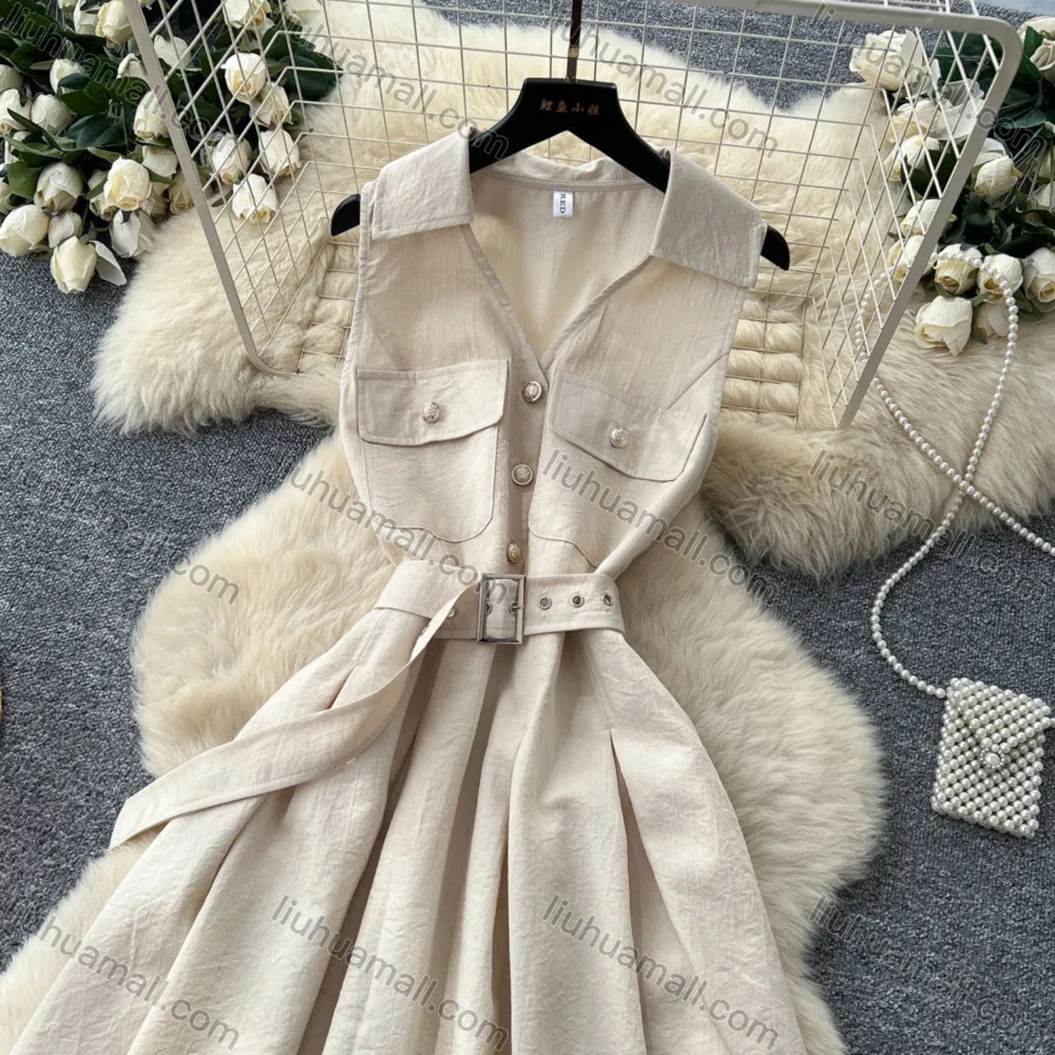 Wholesale Women's Casual Sleeveless Lapel Collar Button Front Belted Pleated A-Line Midi Dress #3256 - Liuhuamall