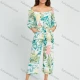 Wholesale Women's Vacation Tropical Plants Print Off Shoulder Long Sleeve Cropped Wide Leg Jumpsuit WIth Belt Green Clothing Wholesale Market Liuhua