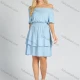 Wholesale Women's Off Shoulder Ruffle Trims Layered Hem Plain Short Dress Light Blue Clothing Wholesale Market Liuhua