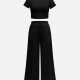 Women's Casual Short Sleeve Plain Crop Tops&Wide Leg Pants 2 Piece Sets Black Clothing Wholesale Market -LIUHUA