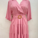 Women's Casual Turn-down Collar Wrap Belted Layered Ruffle Hem Midi Dress Pink Clothing Wholesale Market -LIUHUA