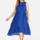 Women's Linen Plain Sleeveless Keyhole Neck Midi Dress With Belt Blue Clothing Wholesale Market -LIUHUA
