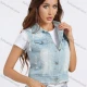 Wholesale Women's Casual Collared Washed Distressed Flap Pockets Ripped Button Down Crop Denim Vest Jacket Light Blue Clothing Wholesale Market Liuhua