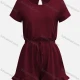 Women's Casual Crew Neck Short Sleeve Ruffle Trim Plain Romper Wine Clothing Wholesale Market Liuhua
