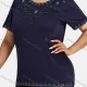 Wholesale Women's Elegant Round Neck Floral Embroidery Short Sleeve T-Shirt Navy Clothing Wholesale Market Liuhua