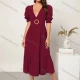 Wholesale Women's Elegant Deep V Neck Puff Sleeve Ruffle Hem Midi Dress With Belt AY121# A51# Clothing Wholesale Market Liuhua