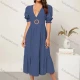 Wholesale Women's Elegant Deep V Neck Puff Sleeve Ruffle Hem Midi Dress With Belt AY121# A56# Clothing Wholesale Market Liuhua
