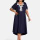 Women's Plus Size Elegant V Neck Short Sleeve Embroidery Midi Dress Dark Slate Blue Clothing Wholesale Market -LIUHUA