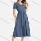 Wholesale Women's V Neck Button Front Belted Plain Midi Dress Blue Clothing Wholesale Market Liuhua