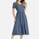Women's V Neck Button Front Belted Plain Midi Dress Blue Clothing Wholesale Market -LIUHUA