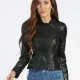 Women's Fashion Lapel Zipper Crop Leather Jacket Black Clothing Wholesale Market -LIUHUA