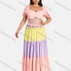 Wholesale Woman's Casual 2 Pieces Square Neck Balloon Sleeve Ruffle Hem Blouses & Colorblock Maxi Skirt Set    Pink Clothing Wholesale Market Liuhua
