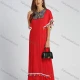 Wholesale Women's Notch Neck Batwing Sleeve Fringe Trim Embroidered Maxi Kaftan Red Clothing Wholesale Market Liuhua