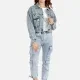 Women's Fashion Long Sleeve Button Front Rhinestone Crop Denim Jacket Light Blue Clothing Wholesale Market -LIUHUA