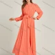 Wholesale Women's Chiffon Plain Long Sleeve Mock Neck Ruched Maxi Dress With Belt 0708# Orange Clothing Wholesale Market Liuhua