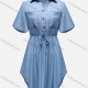 Wholesale Women's V Neck Short Sleeve Dual Pockets Button Front Curved Hem Drawstring Short Shirt Dress L Clothing Wholesale Market Liuhua