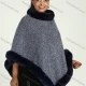 Wholesale Women's Faux Fur Lined Collared Fuzzy Trim Fringe Hem Poncho Gray Clothing Wholesale Market Liuhua