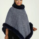 Women's Faux Fur Lined Collared Fuzzy Trim Fringe Hem Poncho Gray Clothing Wholesale Market -LIUHUA