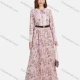 Wholesale Women's Tie Front Pleated Allover Print Round Neck Long Sleeve Maxi Dress With Belt Pink Clothing Wholesale Market Liuhua
