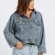 Women's Fashion Loose Fit Distressed Button Letter Embroidery Crop Denim Jacket Gray Blue Clothing Wholesale Market -LIUHUA