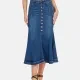 Women's High Waist Button Front Wash Denim Mermaid Midi Skirt Blue Clothing Wholesale Market -LIUHUA