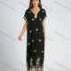 Wholesale Women's V Neck Batwing Sleeve Ruffle Hem Embroidered Maxi Kaftan Black Clothing Wholesale Market Liuhua