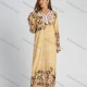 Wholesale Women's Botanic Print Extra Long Sleeve Maxi Kaftan Light Khaki Clothing Wholesale Market Liuhua