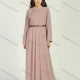 Wholesale Women's Chiffon Mandarin Collar Pleated Long Sleeve Plain Maxi Dress With Belt Pale Violet Red Clothing Wholesale Market Liuhua