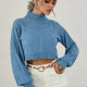 Women's Plain Stand Collar Bishop Sleeve Cable Knit Crop Sweater Sky Blue Clothing Wholesale Market -LIUHUA