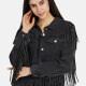 Women's Fashion Plain Button Down Wash Flap Pockets Tassel Trim Denim Jacket Black Clothing Wholesale Market -LIUHUA