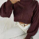 Women's Plain Stand Collar Bishop Sleeve Cable Knit Crop Sweater Maroon Clothing Wholesale Market -LIUHUA