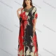 Wholesale Women's Casual Colorblock Vintage Print Batwing Sleeve Belted Maxi Kaftan Multi-color Clothing Wholesale Market Liuhua