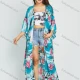 Wholesale Women's Allover Floral Animal Print 3/4 Sleeve Long Kimono Cardigan With Belt Light Blue Clothing Wholesale Market Liuhua