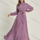 Wholesale Women's Elegant Chiffon Plain Pleated Long Sleeve Maxi Dress With Belt 0785# Light Purple Clothing Wholesale Market Liuhua