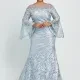 Women's Glamorous Bell Sleeve Lace Mermaid Floor Length Evening Dress With Belt Blue Clothing Wholesale Market -LIUHUA