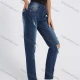 Wholesale Women's Fashion Ripped Distressed Patch Pocket High Waist Wash Slim Fit Jeans Dark Blue Clothing Wholesale Market Liuhua