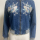 Women's Casual Baseball Collar Embroidery Floral Zipper Contrast Denim Jacket Blue Clothing Wholesale Market -LIUHUA