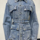 Women's Fashion Plain Button Down Multiple Flap Pockets Mid Length Denim Jacket With Belt Light Blue Clothing Wholesale Market -LIUHUA