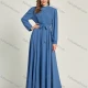 Wholesale Women's Chiffon Plain Long Sleeve Mock Neck Ruched Maxi Dress With Belt 0708# Azure Clothing Wholesale Market Liuhua