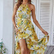 Women's Casual Halter Floral Print Irregular Hem Midi Dress With Belt Yellow Clothing Wholesale Market -LIUHUA