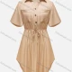 Wholesale Women's V Neck Short Sleeve Dual Pockets Button Front Curved Hem Drawstring Short Shirt Dress A Clothing Wholesale Market Liuhua