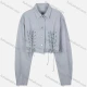 Wholesale Women's Fashion Plain Collared Button Down Drop Shoulder Lace Up Crop Overshirt Gray Blue Clothing Wholesale Market Liuhua