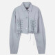 Women's Fashion Plain Collared Button Down Drop Shoulder Lace Up Crop Overshirt Gray Blue Clothing Wholesale Market -LIUHUA