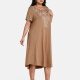 Women's Plus Size Elegant Crew Neck Short Sleeve Embroidery Midi Dress Camel Clothing Wholesale Market -LIUHUA