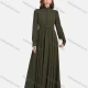 Wholesale Women's Plain Ruched Chiffon Mandarin Collar Long Sleeve Button Decor Maxi Dress Army Green Clothing Wholesale Market Liuhua