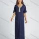 Wholesale Women's Plain Embroidered Trims Ruffle Hem V Neck Maxi Kaftan Navy Clothing Wholesale Market Liuhua
