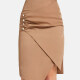 Women's Casual A-Line Wrap Button Asymmetrical Hem Plain Knee Length Skirt Brown Clothing Wholesale Market -LIUHUA