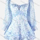 Women's Fashion Long Sleeve Sweetheart Neck Floral Print Tiered Hem Romper Light Blue Clothing Wholesale Market Liuhua