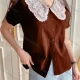 Wholesale Women's Peter Pan Collar Short Sleeve Guipure Lace Button Down Blouse AY146# A17# Clothing Wholesale Market Liuhua